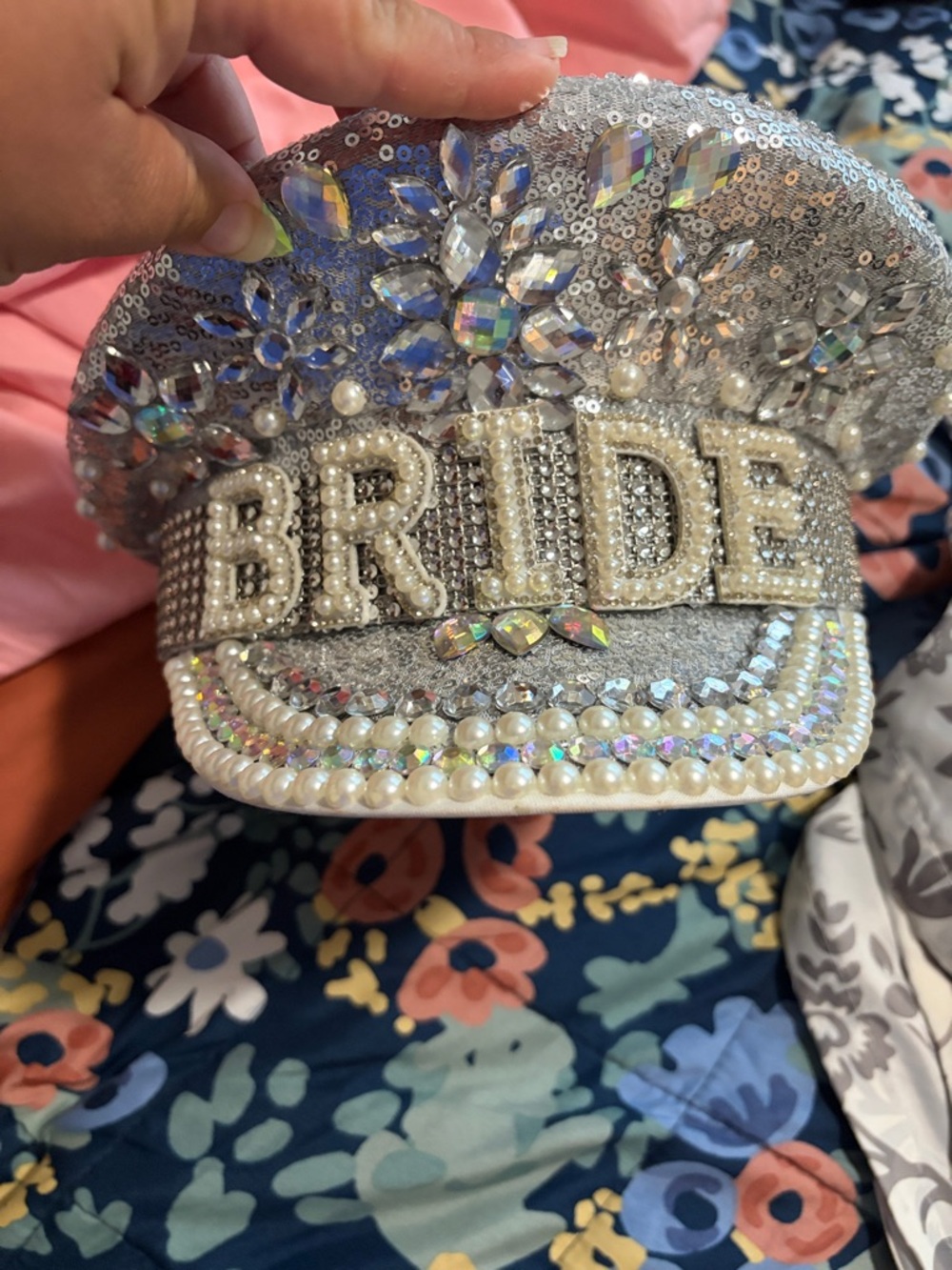 Bride Embellished Sequin & Pearl Cap - Picture 3 of 3